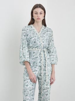 ELLE - Green and White Printed Wrap Top with Belt