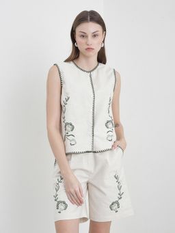 ELLE - Cream and Green Embroidered Sleeveless Top