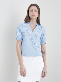 ELLE - Blue Embroidered Mock Wrap Top