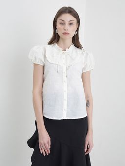 ELLE - Cream Ruffle Detail Tie-Up Embroidered Shirt Style Top