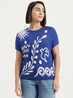 United Colors of Benetton - Blue and White Round Neck Printed Top