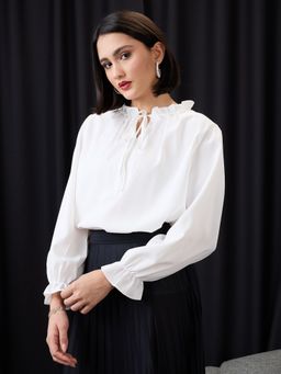 Globus - White Pearl Detail Frilled Tie-Up Neck Top