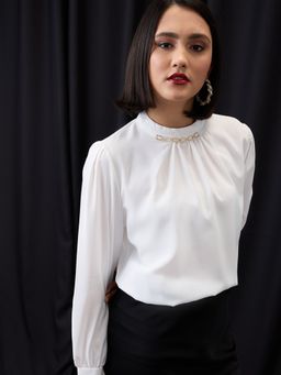 Globus - White Chain Detail High Neck Cuffed Sleeves Top