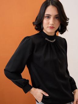 Globus - Black Chain Detail High Neck Cuffed Sleeves Top