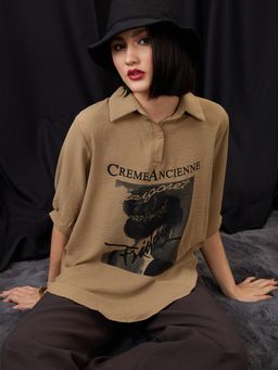 Globus - Brown Collared Graphic Print Oversized Shirt Style Top