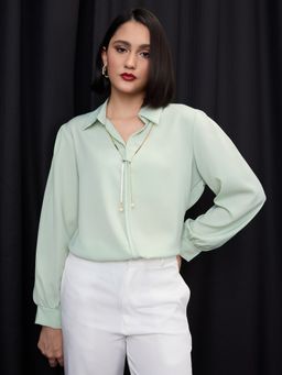 Globus - Green Collared Chain and Pearl Detail Shirt Style Top