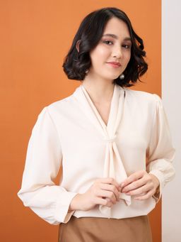 Globus - Beige Tie-Up Neck Cuff Sleeves Top