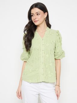 Madame - Apple Green Embroidered Shirt Style Mandarin Collar Top