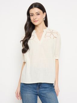 Madame - Off White Cotton Schiffli Top