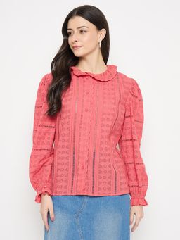 Madame - Coral Cotton Lace Detail Top