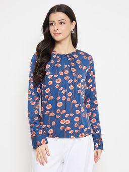 Madame - Blue and Peach Printed Gather Detail Top