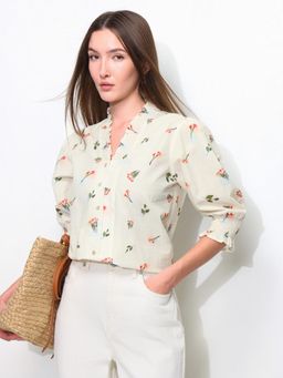 U.S. POLO ASSN. - White Smocked Floral Printed Shirt Style Top