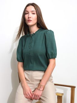 U.S. POLO ASSN. - Green Solid Ruffle Neck Puff Sleeve Top