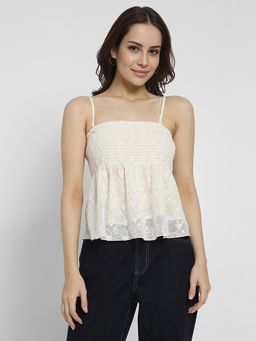 American Eagle - Cream Strappy Smocked Lace Peplum Top