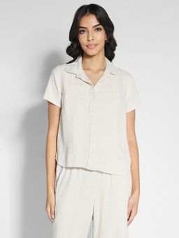 American Eagle - Women Off White Solid Linen-Blend Half Sleeves Shirt