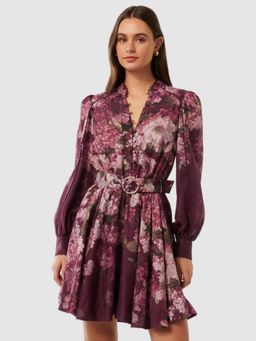 Forever New - Wine Floral Full Sleeves Mini Dress and Belt (Set of 2)