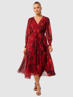 Forever New - Red Floral Full Sleeves Midi Dress and Belt (Set of 2)