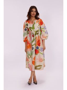 Poppi - Beige Printed Three Fourth Sleeves Midi Dress