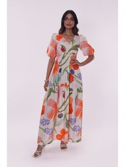 Poppi - Beige Printed Half Sleeves Maxi Dress