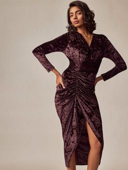 The Label Life - Wine Solid Full Sleeves Midi Dress