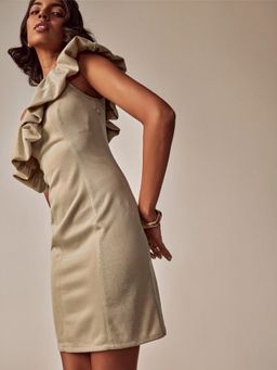 The Label Life - Beige Self Design Sleeveless Mini Dress