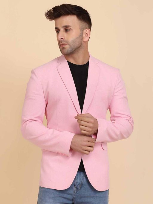 TAHVO Mens Pink Solid Single Breasted Casual Blazer