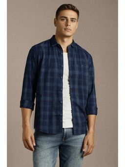 Louis Philippe - Mens Navy Blue Checks Full Sleeves Casual Shirt