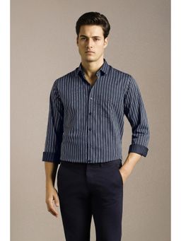 Louis Philippe - Mens Navy Blue Stripes Full Sleeves Casual Shirt