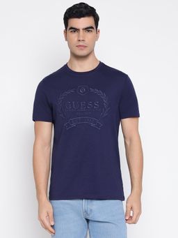 Guess - Classic Crest Summer Navy Blue Graphic Embroidery Slim Fit Organic T-Shirt