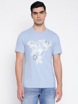 Guess - Triang Flowers Mid Organic Stream Channel Blue Floral Logo Slim Fit T-Shirt