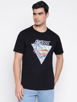 Guess - Summer Triangle Mid Organic Stream Jet Black Tropical Logo Regular Fit T-Shirt