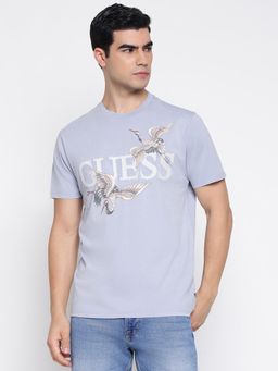 Guess - Organic Cotton Nimbus Blue Multi Crane Typography Regular Fit T-Shirt