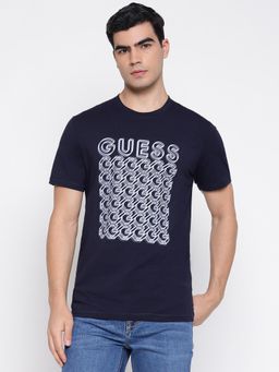 Guess - Mid Organic Stretch Smart Navy Blue G Chain Geometric Slim Fit T-Shirt