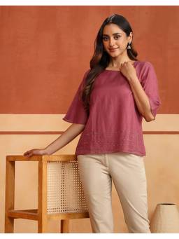 Fabindia - Pink Cotton Silk Embroidered Top