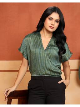 Fabindia - Green Rayon Blend Ajrakh Striped Short Top