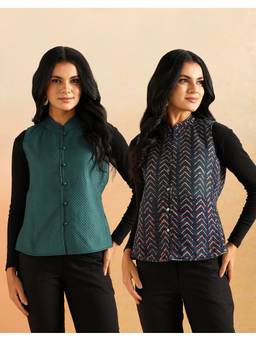 Fabindia - Green Viscose Silk Quilted Reversible Jacket