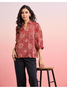 Fabindia - Red Rayon Blend Ajrakh Floral Top