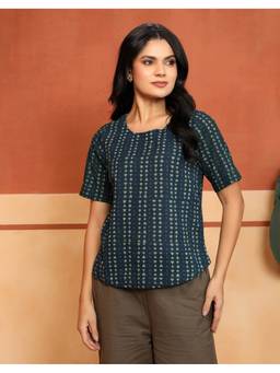 Fabindia - Indigo Cotton Dabu Printed Round Neck Top