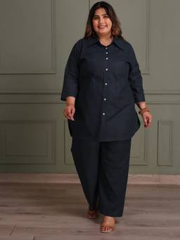 TITTLI - Women's Pure Cotton Solid Navy Blue Co-ords