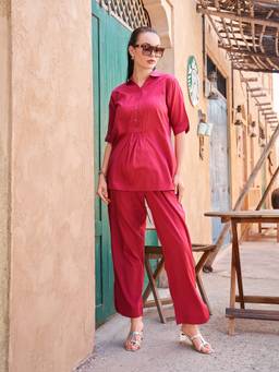TITTLI - Women's Cotton Silk Solid Red Co-ords