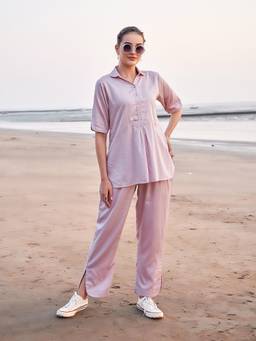 TITTLI - Women's Cotton Silk Solid Pink Co-ords