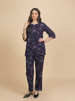 TITTLI - Women's Rayon Printed Navy Blue Co-ords