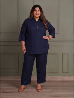 TITTLI - Women's Cotton Silk Solid Navy Blue Co-ords