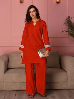 TITTLI - Women Pure Cotton Solid Rust Co-ords