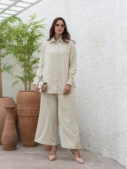 TITTLI - Women's Polyester Solid Cream Co-ords