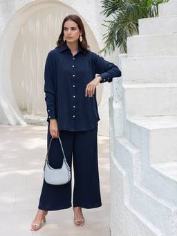TITTLI - Women's Polyester Solid Navy Blue Co-ords