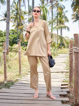 TITTLI - Women's Cotton Silk Solid Nude Co-ords