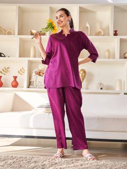 TITTLI - Women's Cotton Silk Solid Wine Co-ords