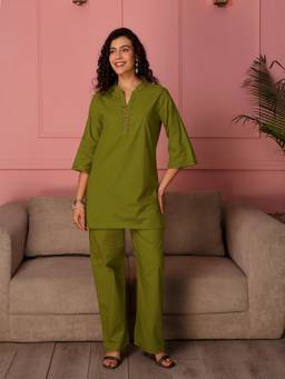 TITTLI - Women Pure Cotton Solid Green Co-ords
