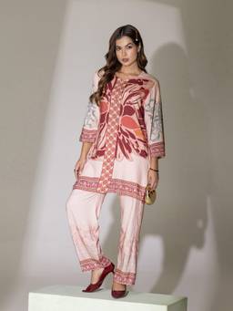 TITTLI - Women Round Neck Printed Viscose Rayon Peach Co-Ords